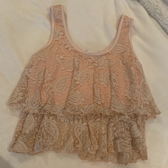 Cream / pink / salmon lace tiered crop top size xs - Picture 1 of 2
